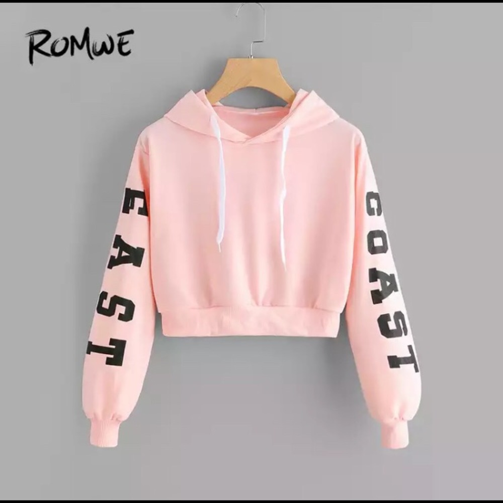 ROMWE Pink Cropped Hoodie drawstring